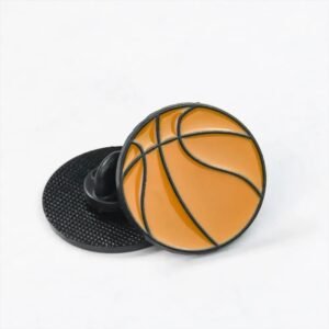 Basketball enamel pin showing the front design and the secure black rubber backing.