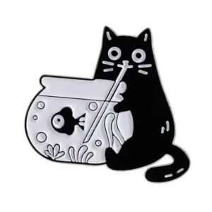 Black cat enamel pin showing a funny cat drinking from a fish tank.
