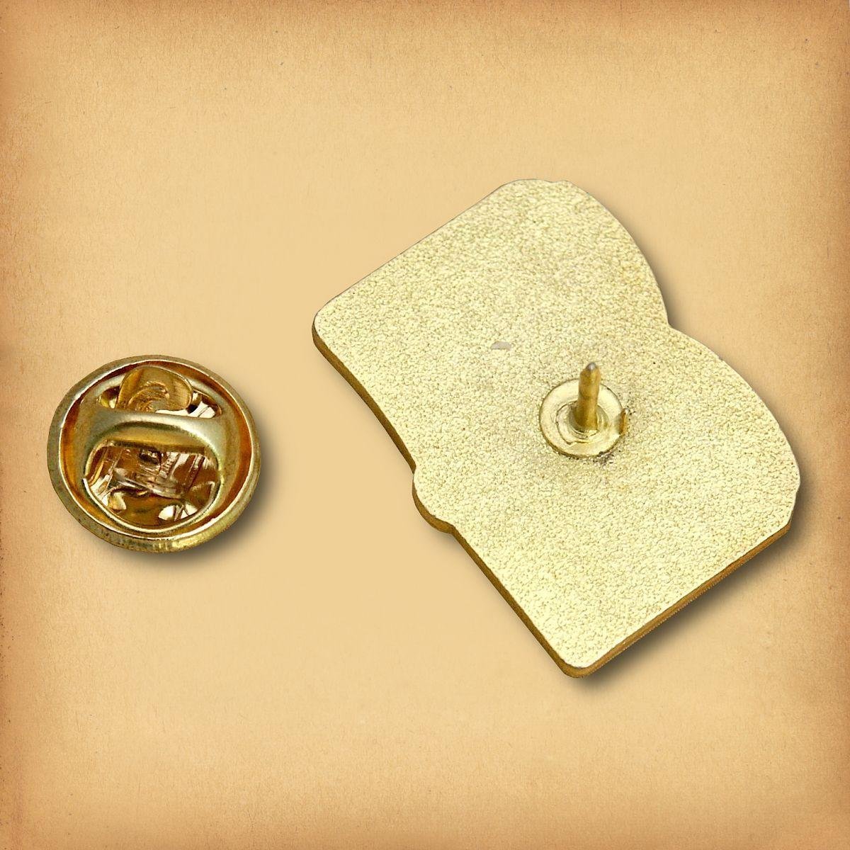 Bookish merch enamel pin back view showing gold-plated texture and secure butterfly clasp.