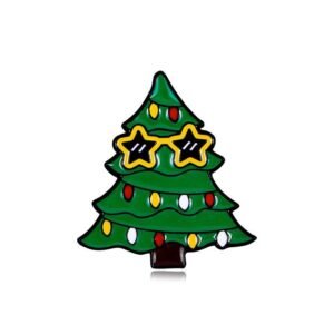 Green Christmas tree enamel pin wearing yellow star-shaped sunglasses and colorful lights.