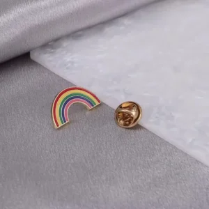 Rainbow pride flag enamel pin with a black metal outline and vibrant stripes.