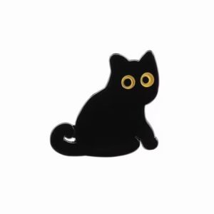 Sleek black cat hard enamel pin in a sitting pose with large yellow eyes and a silver-toned metal outline.