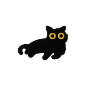 Sleek black cat hard enamel pin in a sitting pose with large yellow eyes and a curled tail, featuring silver-toned metal outlines.