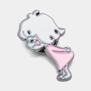 Enamel pin of a cute white ghost character with a wavy head wearing a simple pink dress.