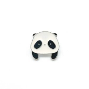 Minimalist black and white panda bear face enamel pin with polished silver-toned plating.