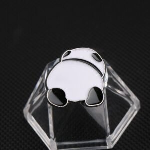 A funny and cute enamel pin showing a panda bear curled into a ball from a back view.