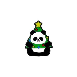 A festive enamel pin of a cute panda bear sitting inside/behind a green Christmas tree decorated with colorful ornaments and a yellow star.