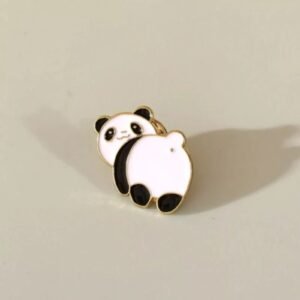 Enamel pin of a cute white and black panda peeking over its shoulder.