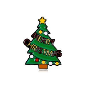 Green Christmas tree enamel pin with colorful ornaments, a yellow star, and "Merry Christmas" gold lettering.