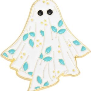 Floral ghost enamel pin with turquoise leaves and gold trim.