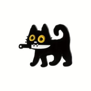 Enamel pin of a black cat with big yellow eyes holding a white knife in its mouth.