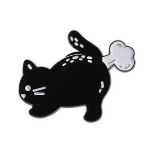 Humorous black cat enamel pin shown from behind with a white "fart" cloud coming from its tail.