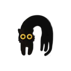 A minimalist black enamel pin of a stylized cat with an elongated, arched neck and large yellow circular eyes.