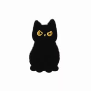 A black cat enamel pin with an annoyed or "grumpy" facial expression, featuring slanted yellow eyes and a small gold nose.