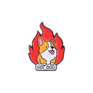 Punny enamel pin featuring a Corgi dog inside red flames with a "HOT DOG" banner below.