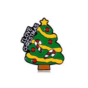 Vibrant green Christmas tree enamel pin featuring red ornaments, yellow tinsel, candy canes, and a "I Love Christmas" banner.