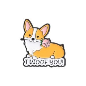 Cute Corgi dog enamel pin holding a pink rose in its mouth with a banner reading "I WOOF YOU!".