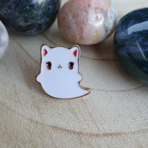 Kawaii pins featuring a spooky white ghost cat with gold edges.