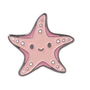 Cute smiling pink starfish enamel pin with white decorative spots and a silver-colored metal border.