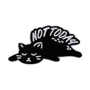Lazy black cat enamel pin featuring a sleeping feline with "Not Today" text in white.