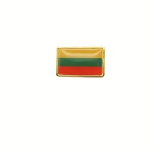 A rectangular enamel pin displaying the horizontal tricolor flag of Lithuania with yellow, green, and red stripes in a gold-colored frame.