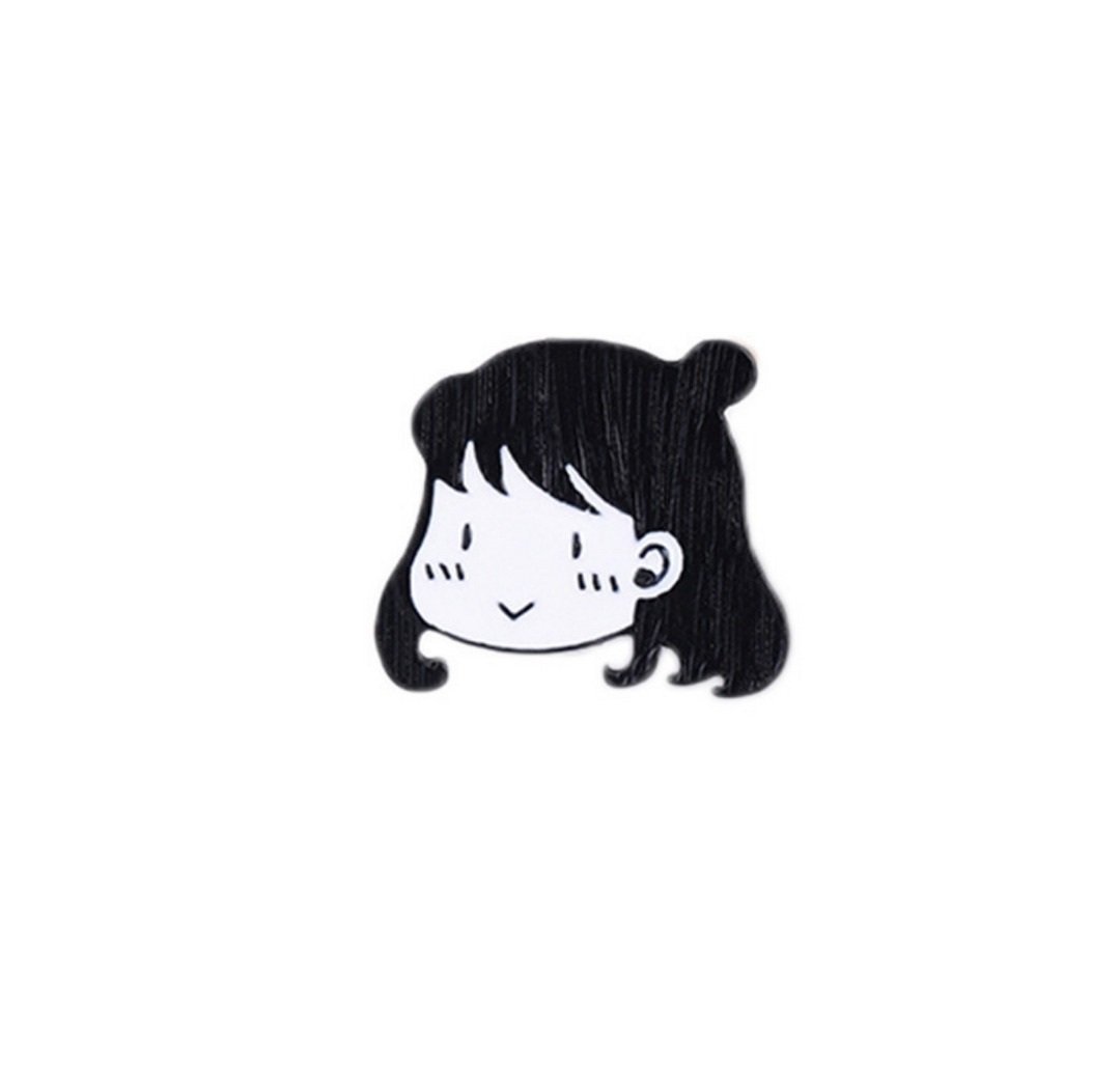 A minimalist black and white enamel pin of a cute anime girl with a hair bun and blushing cheeks.