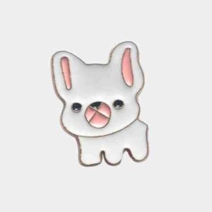 Minimalist line-art white French Bulldog enamel pin with pink accents on the ears and snout.