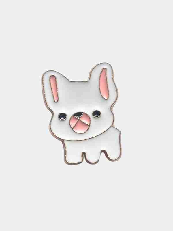 Minimalist line-art white French Bulldog enamel pin with pink accents on the ears and snout.