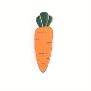 Orange carrot enamel pin with dark green leaves and gold-toned metal outlines.
