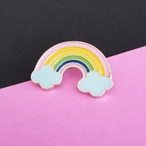 Rainbow enamel pin showcasing gold metal plating and five distinct color bands.