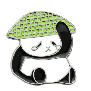 An enamel pin of a cute panda with a sad expression, wearing a large green textured hat that resembles a waffle or grid pattern.