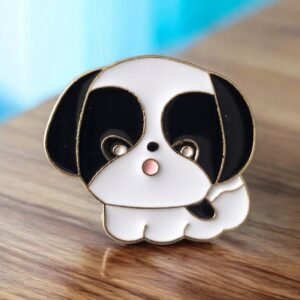 Puppy enamel pin featuring a black and white Shih Tzu design with gold plating.
