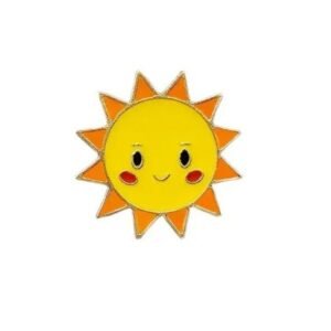 A bright yellow and orange enamel pin shaped like a sun with a smiling face, pink blushing cheeks, and golden outlines.