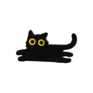 A long, minimalist black cat enamel pin with big yellow eyes, depicted in a playful stretching pose.