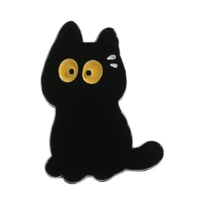 Kawaii cat enamel pin with large yellow eyes and a startled expression.