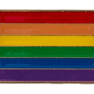 Pride flag enamel pin – classic six-colour rainbow flag badge in rectangular format with gold metal frame