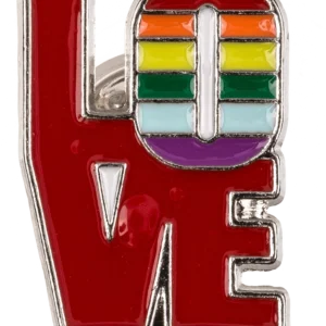 Love rainbow enamel badge – red LOVE letters with rainbow-filled O hard enamel pin silver base