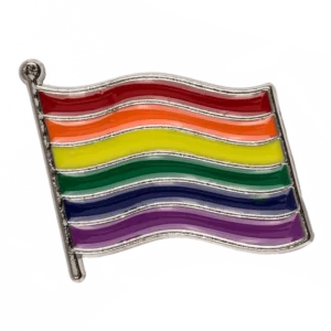 Rainbow flag pin waving – six-colour pride flag rippling on a silver pole hard enamel badge