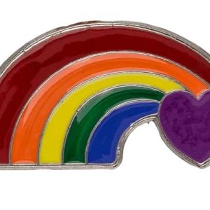 Rainbow pin with heart – colourful rainbow arch ending in a purple heart hard enamel badge silver base