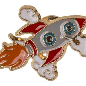 Cute rocket pin – fun rocket with big blue eyes red fins orange flames and white clouds hard enamel badge gold base