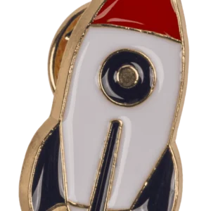 Rocket enamel badge – classic retro rocket with red nose cone dark navy fins and porthole hard enamel pin gold base
