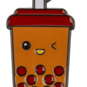 Bubble tea enamel pin – winking kawaii boba cup with red tapioca pearls straw and orange drink hard enamel badge