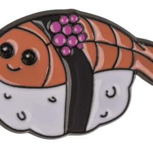 Kawaii sushi enamel badge – adorable salmon nigiri with sakura flower and two smiling faces hard enamel pin dark base