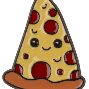 Cute pizza enamel pin – smiling pepperoni pizza slice with kawaii face golden cheese and orange crust hard enamel badge