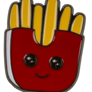 Kawaii fries enamel badge – smiling golden fries in bright red box with big eyes hard enamel pin dark base