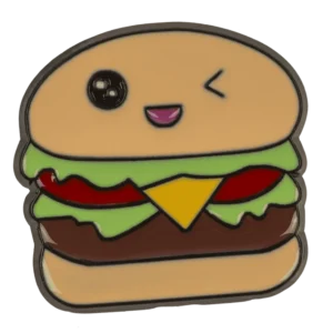 Cute burger enamel pin – winking cheeseburger with cheese lettuce and patty hard enamel badge dark base