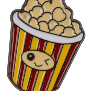 Popcorn enamel pin kawaii – winking popcorn bucket with red and yellow stripes golden kernels hard enamel badge dark base