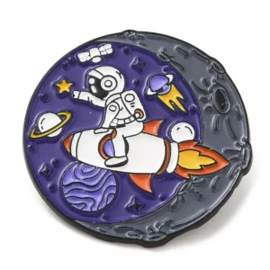 Space enamel pin rocket – astronaut riding a rocket past planets comets and stars round hard enamel badge dark metal base