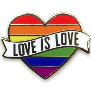 Love is love enamel pin – rainbow coloured heart with white banner and inscription hard enamel badge dark metal base