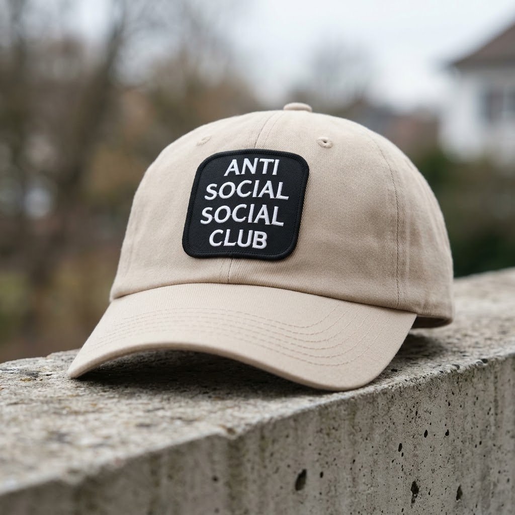 Patch “Anti Social” sulla parte anteriore di un cappellino da baseball beige